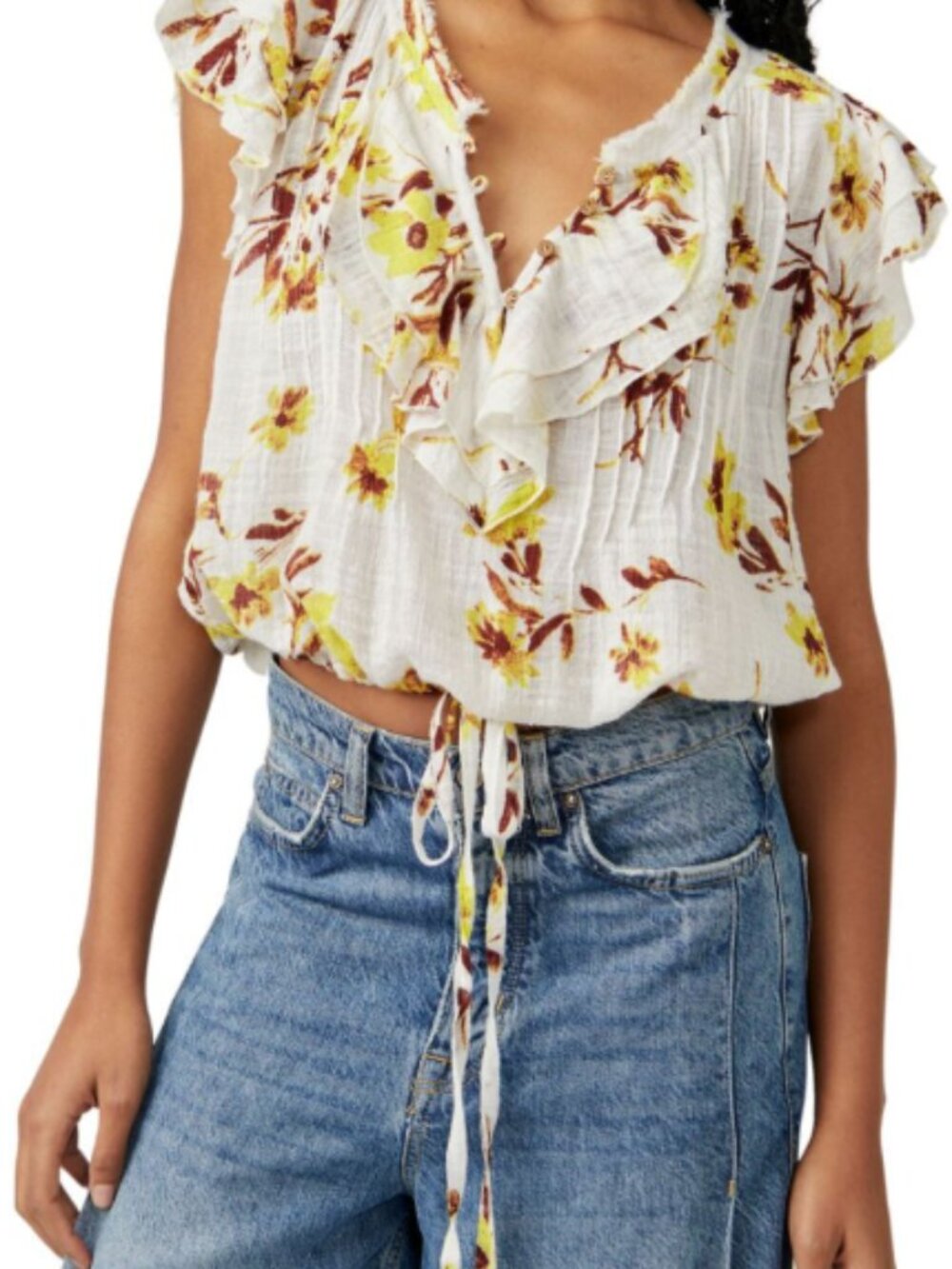 Free People One Naya Floral Crop Top Shirt Blouse Gauze Stretch Size Large